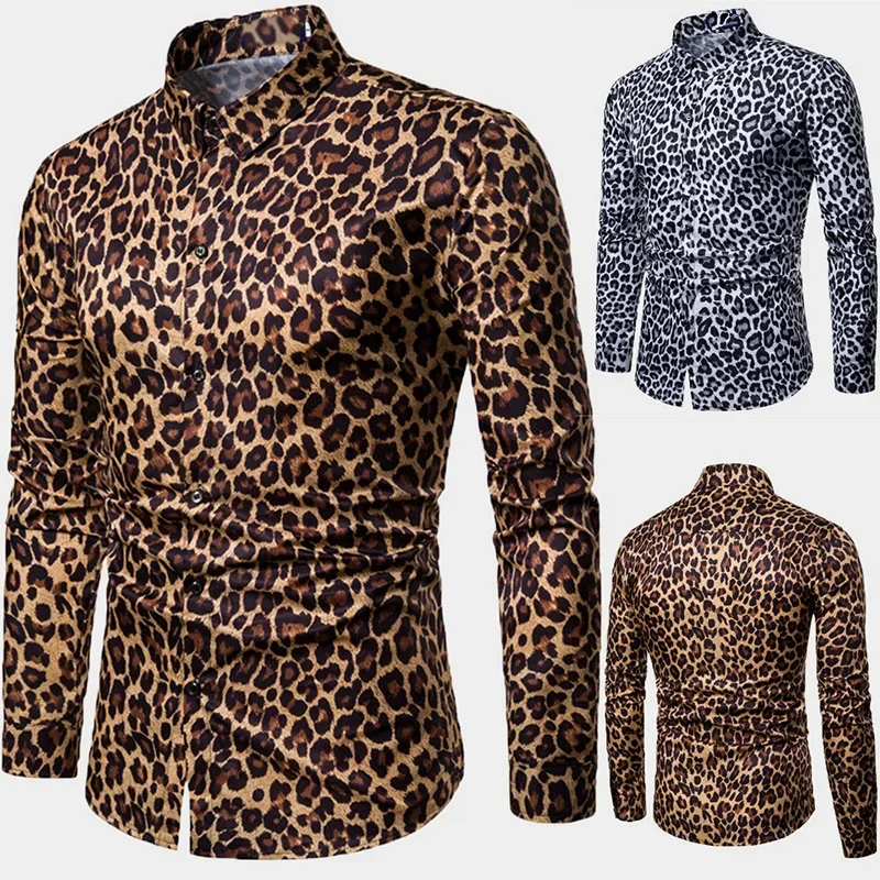 

Spring and Autumn New Mens Casual Shirt Leopard Print Long Sleeve Plus Size Shirt for Men