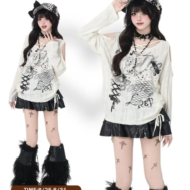 Off Shoulder Long Sleeve T-shirt Cross Tie Drawstring Y2k Tops Cuteore Graphic T Shirts Gothic Spring Autumn Female Clothing