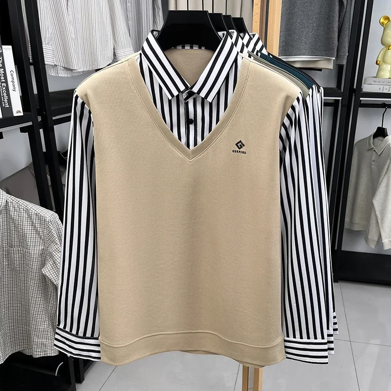 Mens Casual Fake Two Piece Sweater Shirt Striped Collar Long Sleeve V Neck Pullover For Business And Daily view 4