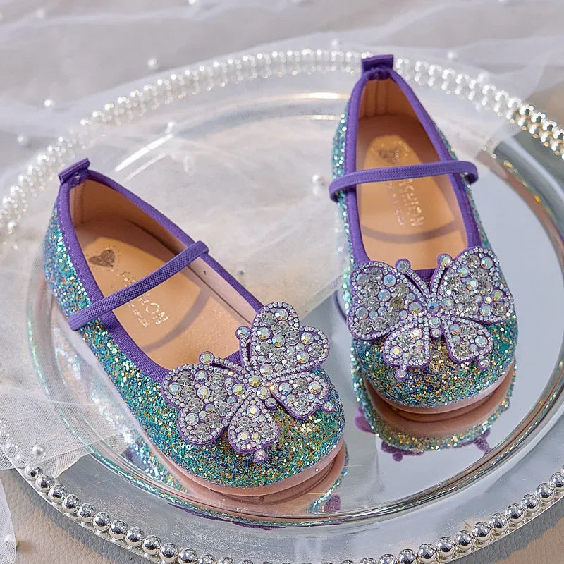 New Autumn Kids Low-Cut Princess Shoes Girls Children Soft-Soled Mary Janes with Butterfly Design Casual Shoe Glitter Flat Shoes
