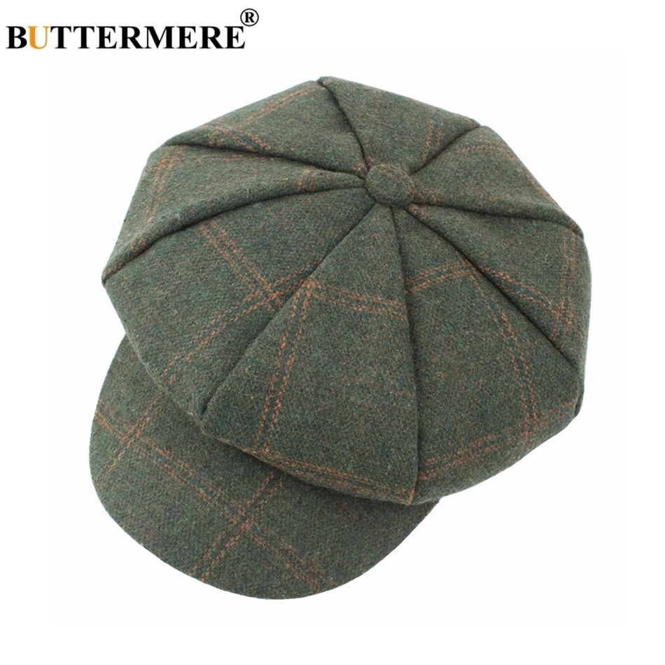 BUTTERMERE Women Wool Tweed Caps Newsboy Female Male Vintage Army Green Plaid Flat Caps Spring Painters Cabbie Duckbill Hat 2024