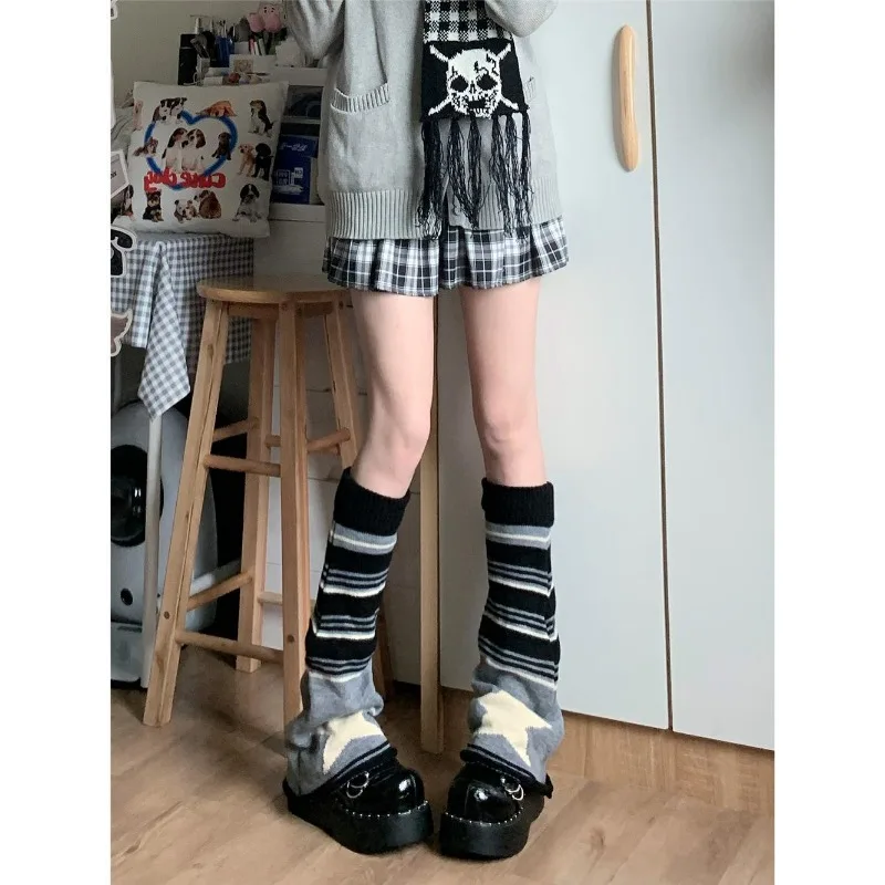 American Vintage Y2k Punk Brown Gray Women Flared Leg Warmer Socks Spice Girl Striped Star Wide Leg Knitted Foot Cover Boot Cuff