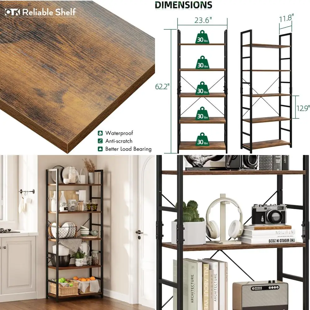 

5 Tier Bookshelf, Tall Bookcase, Office Shelf Storage Organizer, Modern Book Shelf for Living Room, Bedroom, and Home Office, Vi