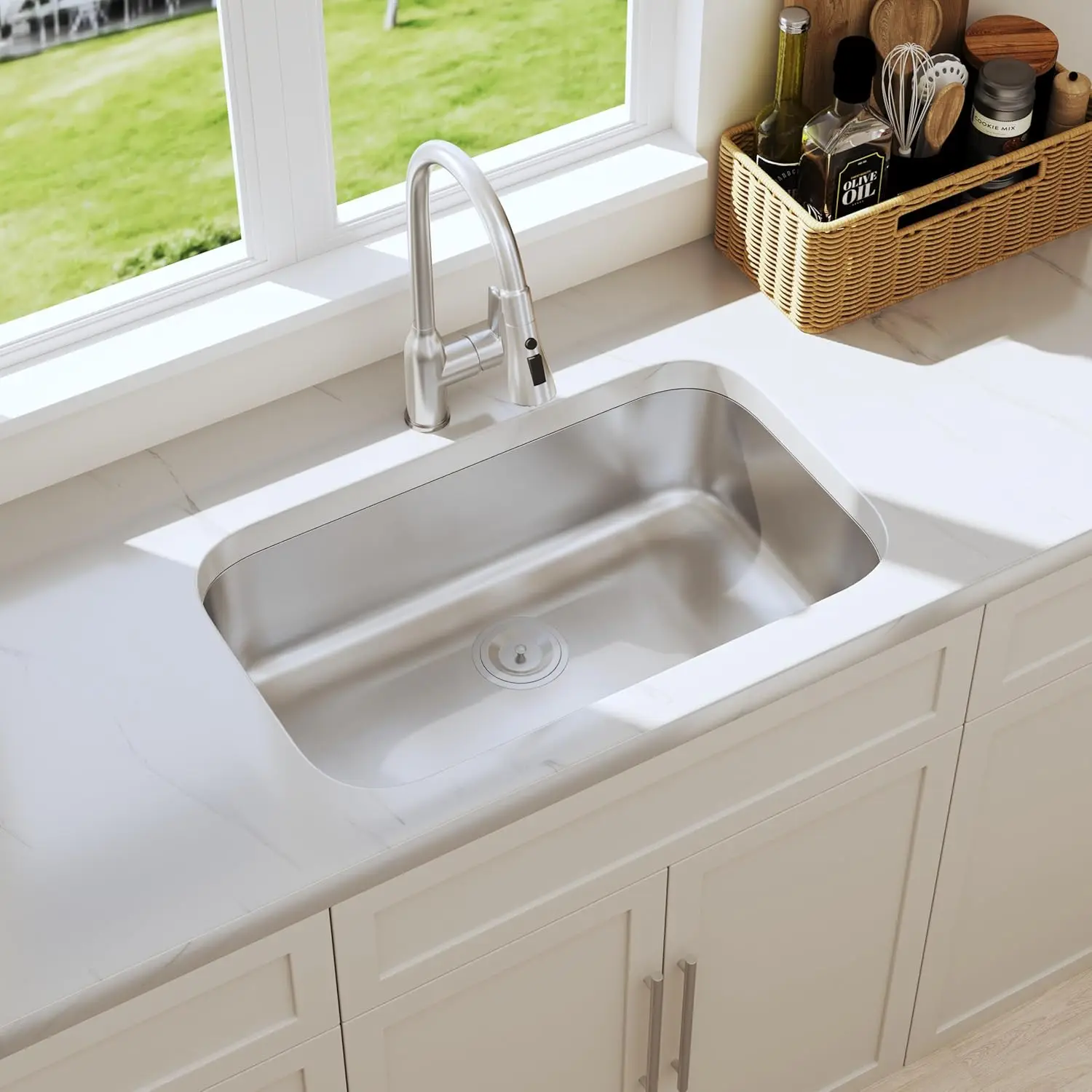 

32 Inch Undermount Kitchen Sink 18 Gauge Stainless Steel Single Bowl Curved Shape Commercial Grade Satin Finish, Customized