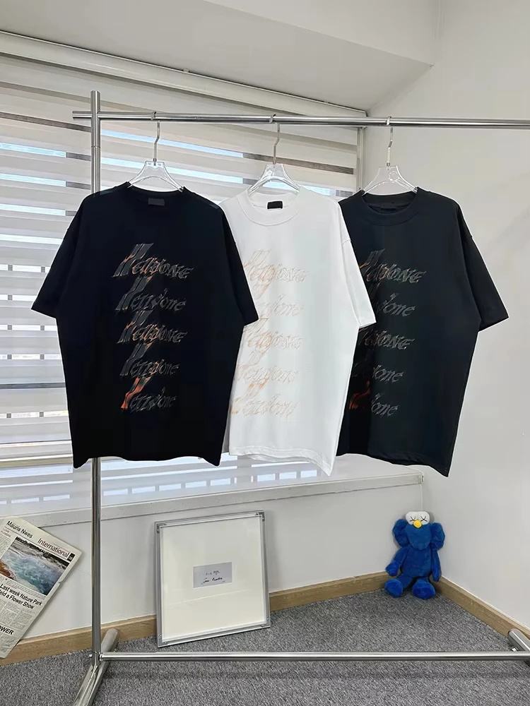 

2025 new American fashion brand flame letter bullet short sleeve men's loose casual couple female T-shirt