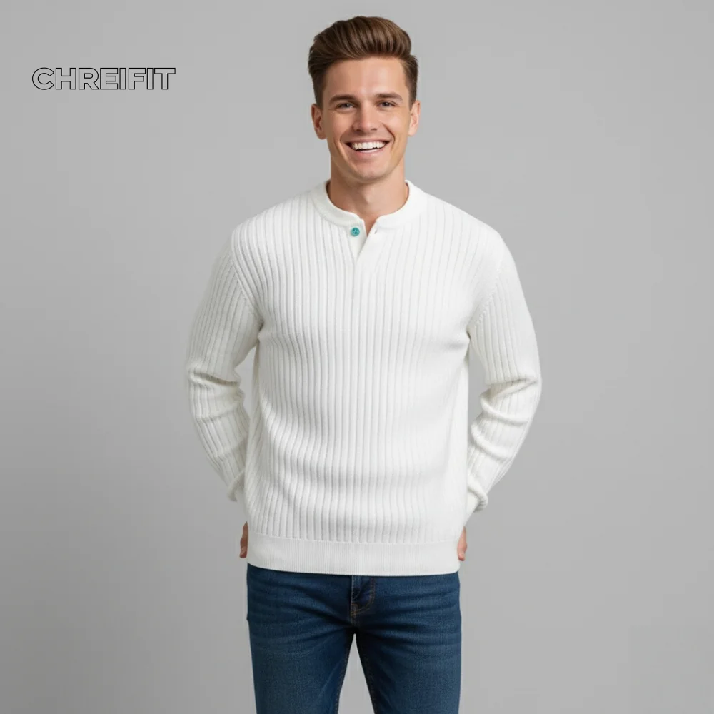 

CHRIFIT Men's Ribbed Knit Sweater White Crewneck Pullover with Turquoise Button Blend Long Sleeve Top for Autumn & Winter Casual