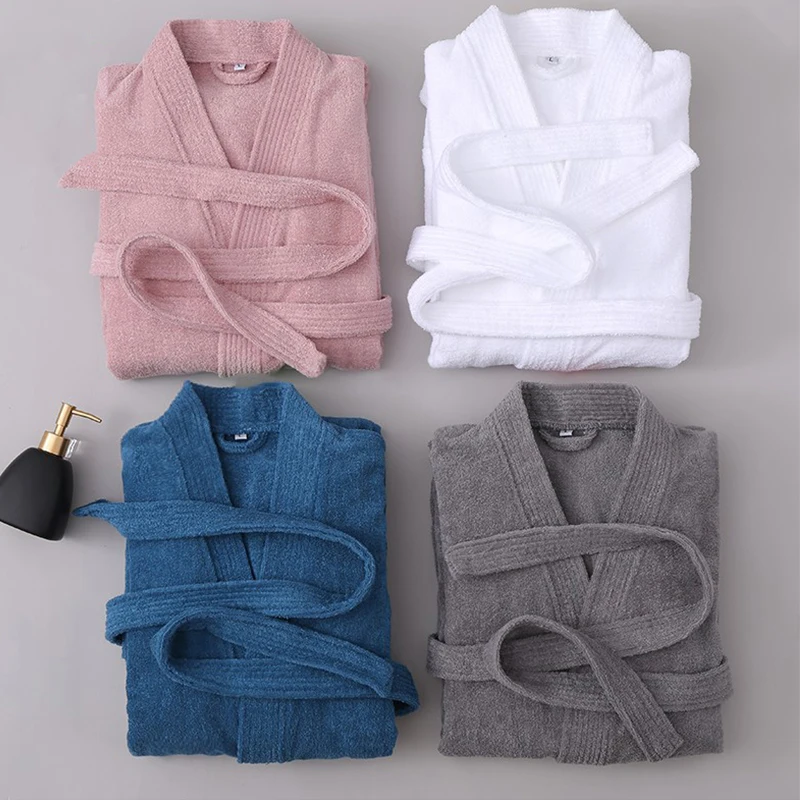 

Terry Women's Bathrobe Autumn Winter V Neck Solid Cotton Ladies Kimono With Sashes Long Sleeve Dressing Gown For Couple