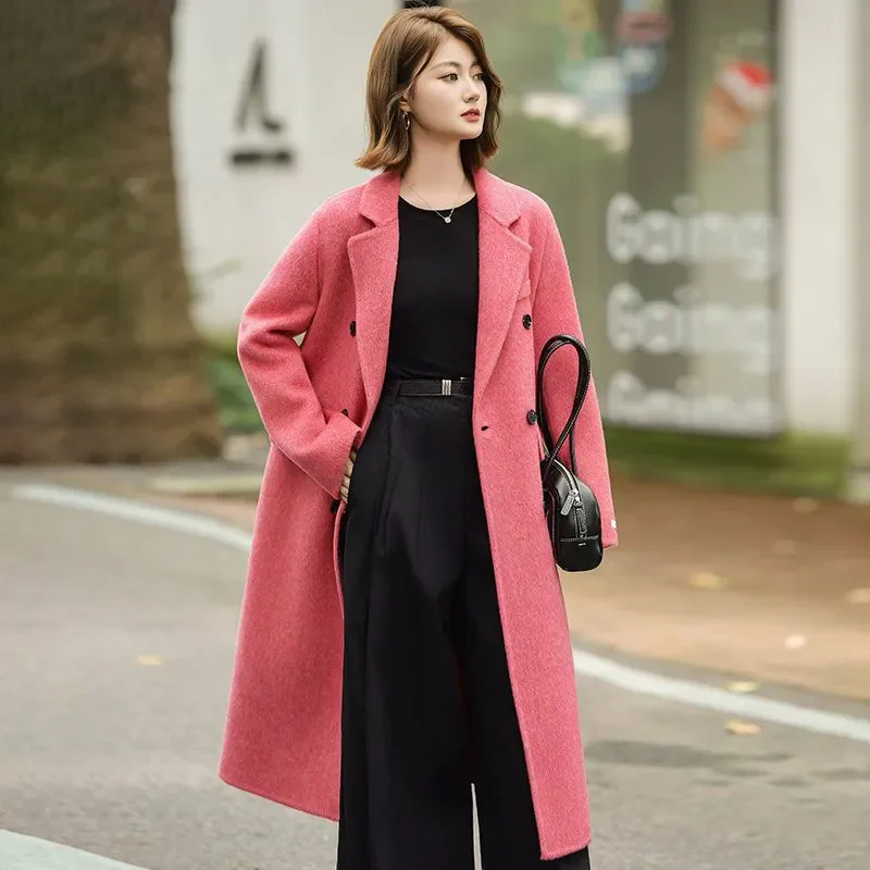 

Autumn Winter Fashion Double Sided Woolen Coat Women Double Breasted Long Sleeve Lapel Blends Wool Jacket Female Overcoat B1470