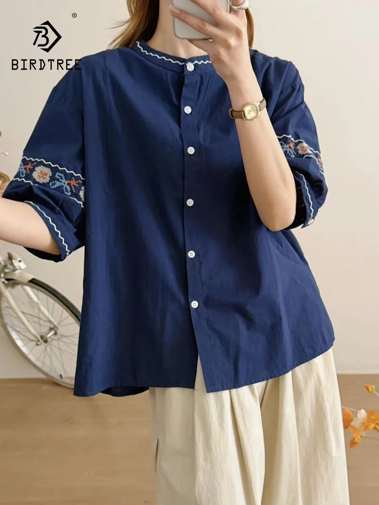 

New 2026 Summer Women Cotton Half Sleeve Shirt, Stand Embroidery, Mori Girl Temperament Preppy Style Chic Loose Blouse T66189CC