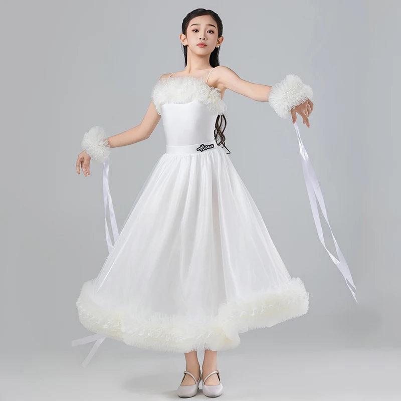 

2024 Children Ballroom Dance Competition Clothing For Girls White Tops Swing Skirts Suit Chacha Tango Modern Dance Wear DN18545