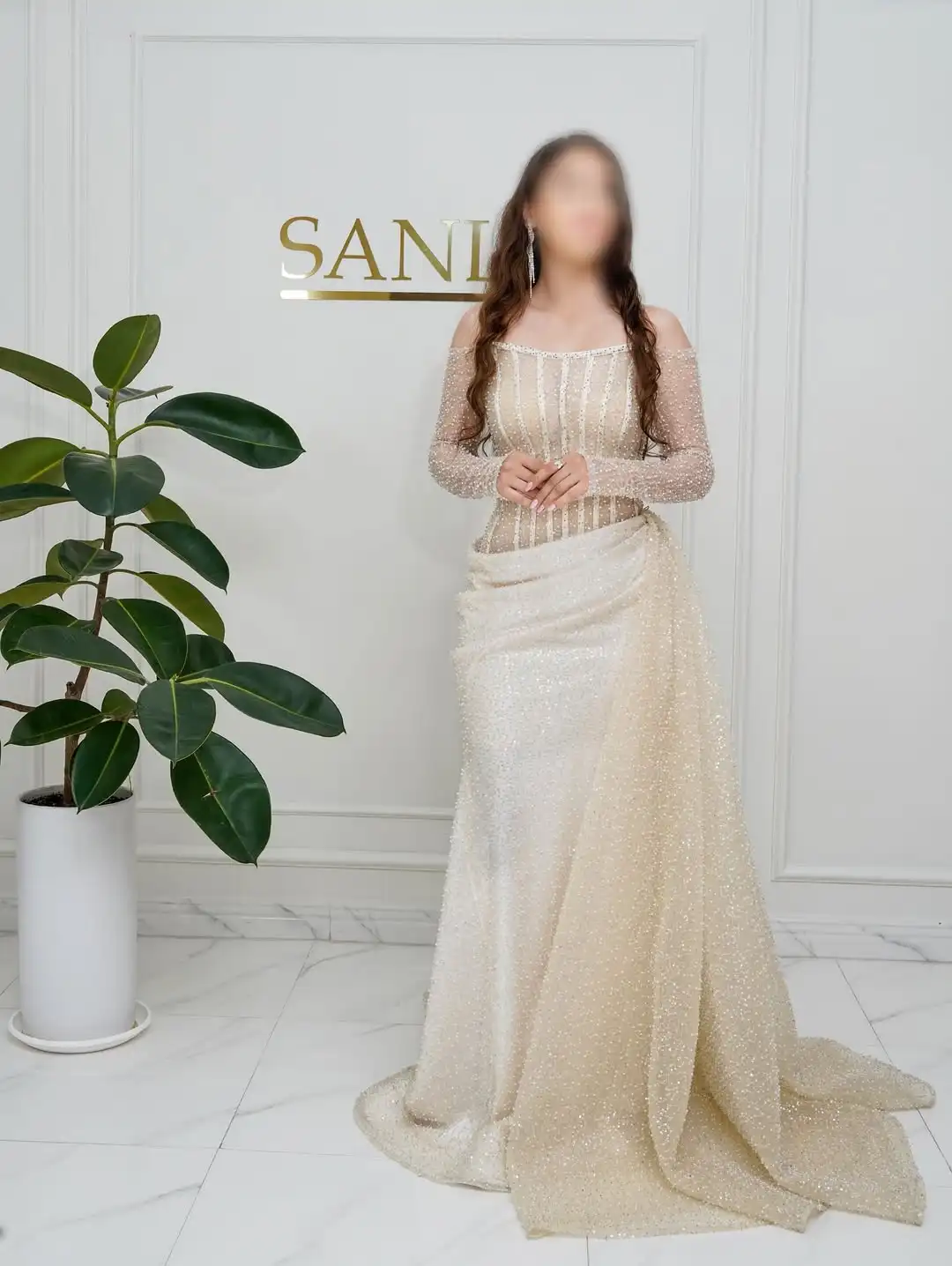 

New Design Sexy Off The Shoulder Illusion Fishbone Pearls Corset Unique Waist Pleated Sequins Mermaid Evening Prom Dress