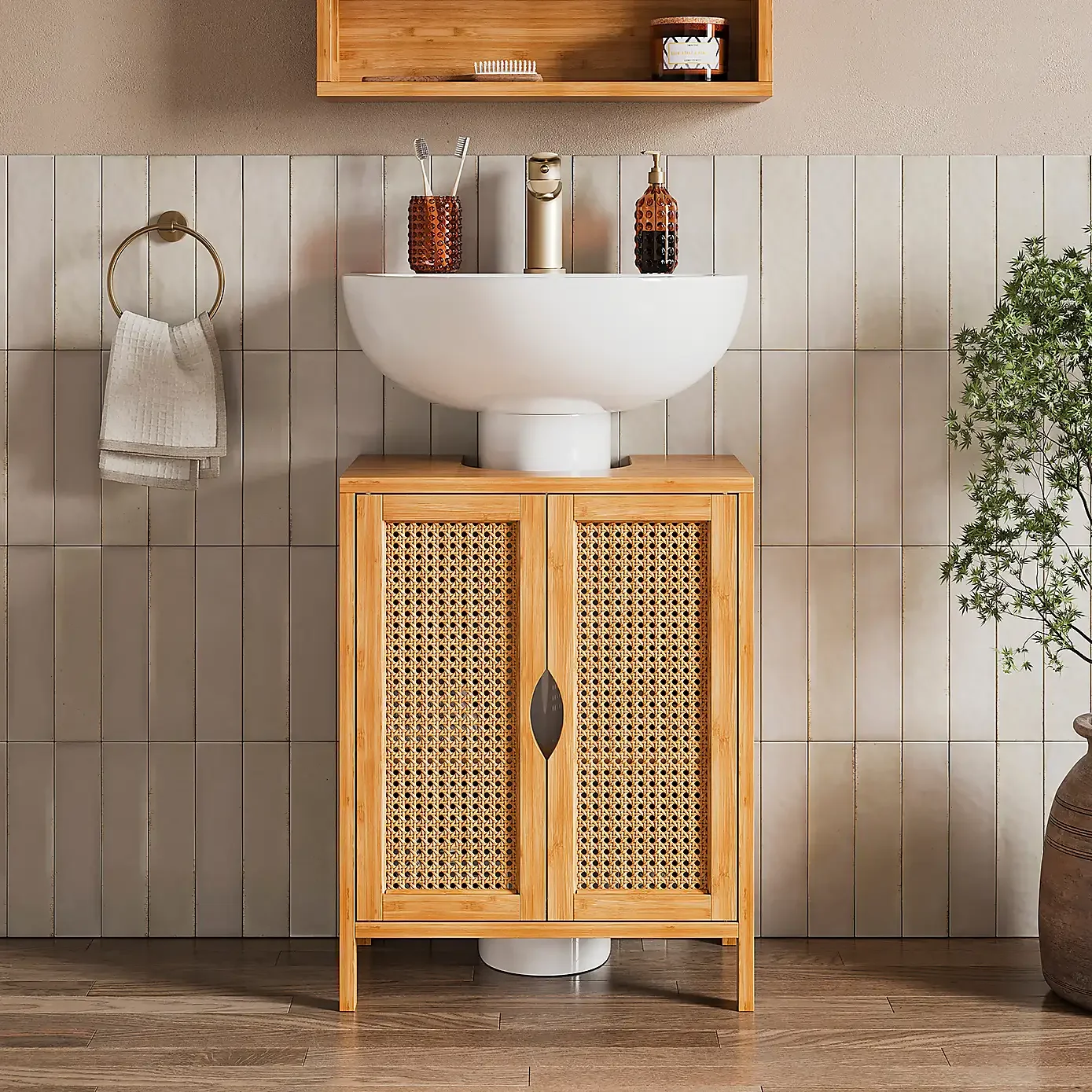 

！@Combohome Factory Direct Sale Low Bamboo Under Sink Cabinet Frame with Rattan Door 1 Rattan Door
