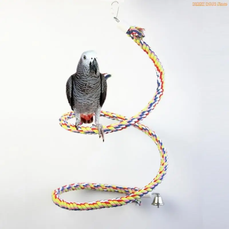 K1AE Bird Spiral-Rope Perch Cotton Rope with Cage Hanging Swing Parrot Bungee Toy for Chewing Climbing Size 0.6” x 63”