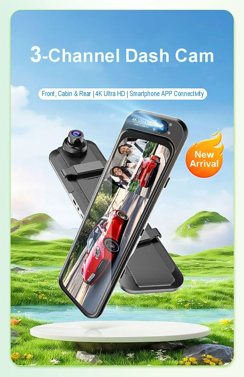 3-Linsen-Fisheye-Streaming-Dashcam 4K mit Volltouchscreen, App-Steuerung, 24-Stunden-Parkmodus, Bewegungsmelder, G-Sensor, Zeitraffer und Datenschutz-Aufnahme – Detail 1
