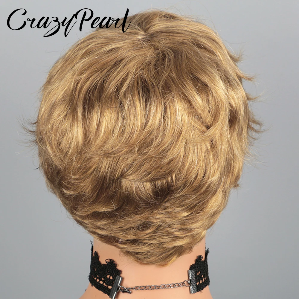 Perruques courtes CrazyPearl en cheveux humains, couleur brun clair, coupe pixie, 100 % cheveux naturels, entièrement fabriquées à la machine, sans colle
