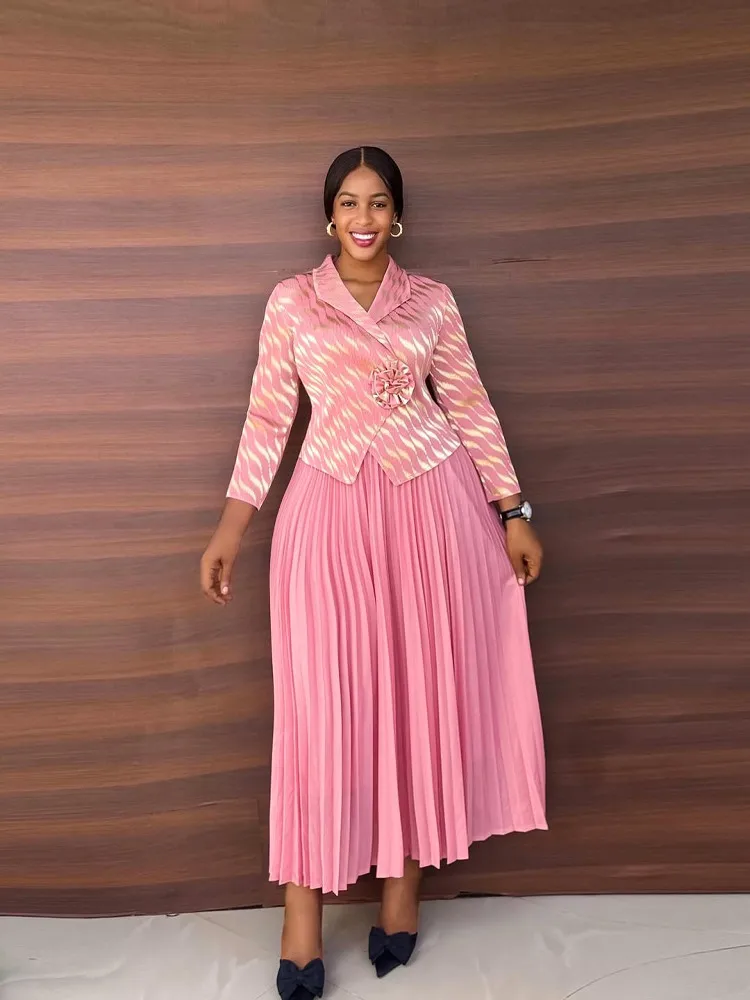 Rican Accordéon Fold Long Sve Col rabattu Décoration florale Faux deux pièces Impression dorée Longue Dr Ele Haute Wa...