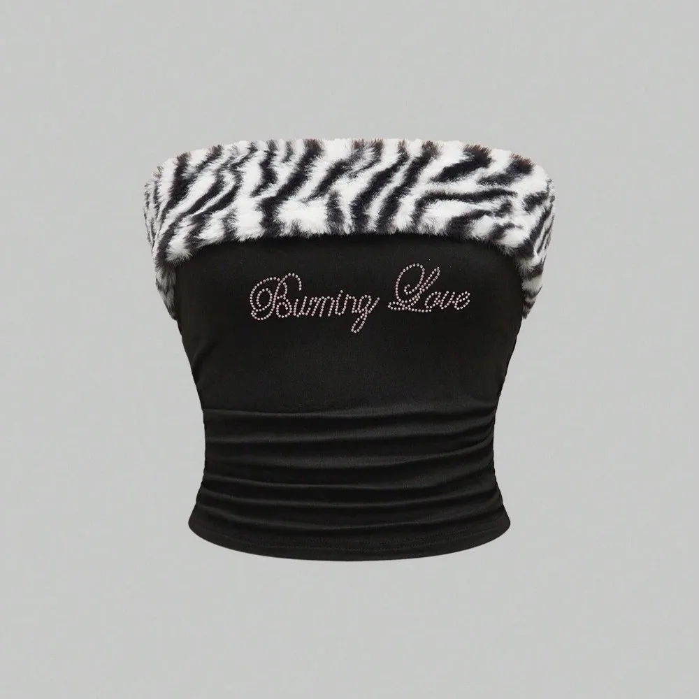Fashionable Slim Fit Strapless Vest Y2K Crystal Letter Tube Top Ruched Waist Patchwork Sleeveless Top Festival