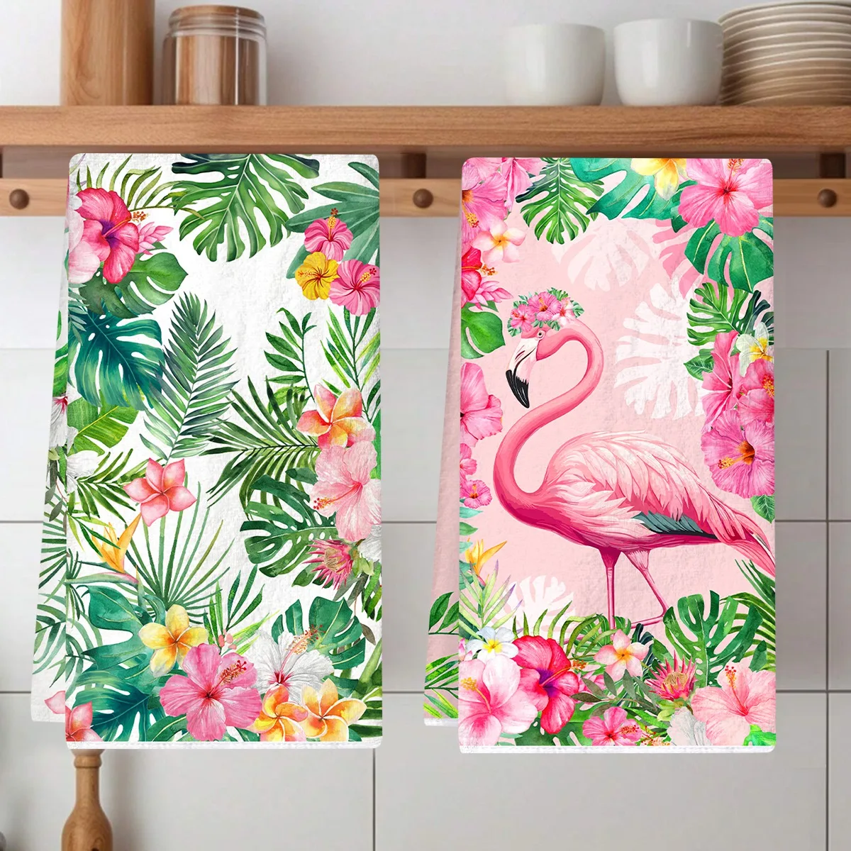 2pcs Hawaii Flamingo Hand Towels Absorbent Dish Towels Polye