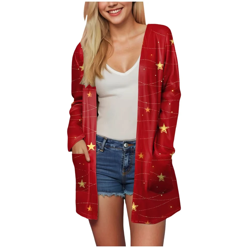 

Women Christmas Funny Print Pocket Cardigan Long Sleeve Midi Length Casual Autumn Winter Vintage Female Fleece Chic Tops