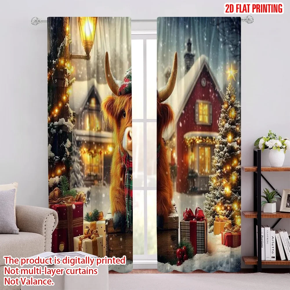 

2pcs 2D flat printing Christmas Drapes Highland Cow Christmas Polyester Without Electricity Family Party Perfect for aesthetic