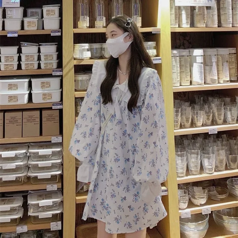 Kleider Frauen Floral Peter Pan Kragen Süße Reizende Frühling Rüschen Lose Langarm Herbst Koreanischen Stil A-line Kleid Neue