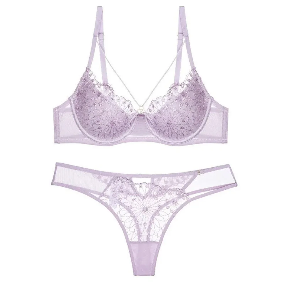 Women French Vintage Lace Lingerie Set, Thin Cup Uplift Bra, Gather Support Big Bust, Elegant Pure Desire Bra & Panties,34-40