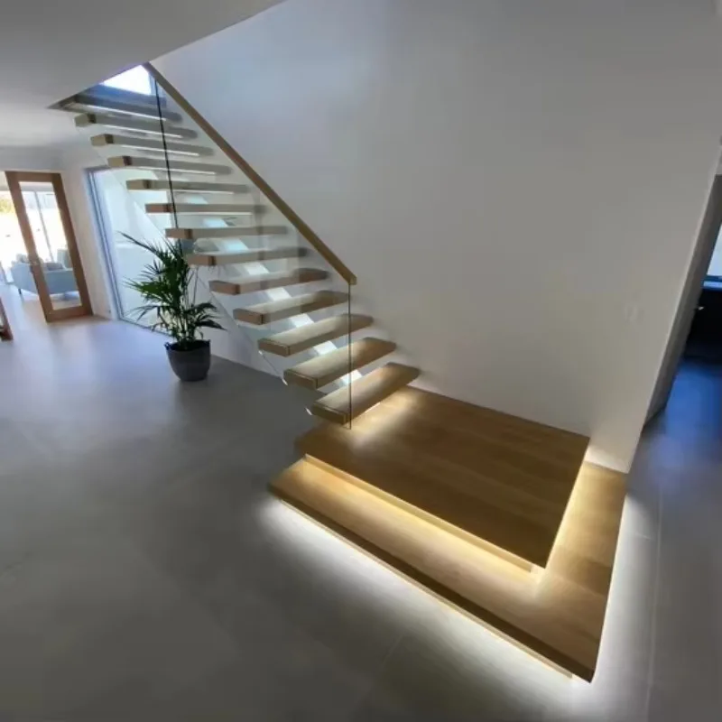 Customized Modern Mono Staircase with Landing and LED Light for Interior Residential
