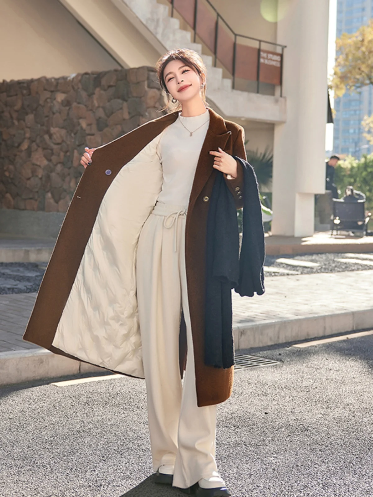 패셔너블한 테니드 울 코트 여성용 중간 길이 가을 겨울 다운 이너 라지 코트 다운 자켓 한국 스타일 출퇴근용...