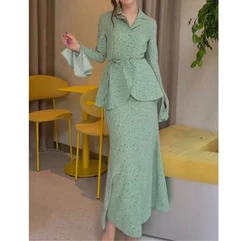 Vintage Dress Two Piece Sets Womens Outifits 2024 Flare Sleeve Turndown Collar Floral Print Zipper Lace Up Blouse + Skirt Suit