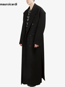 Mauroicardi Autumn Winter Extra Long Black Oversized Thick Warm Soft Wool & Blends Coat Men Double Breasted Korean Fashion 2023