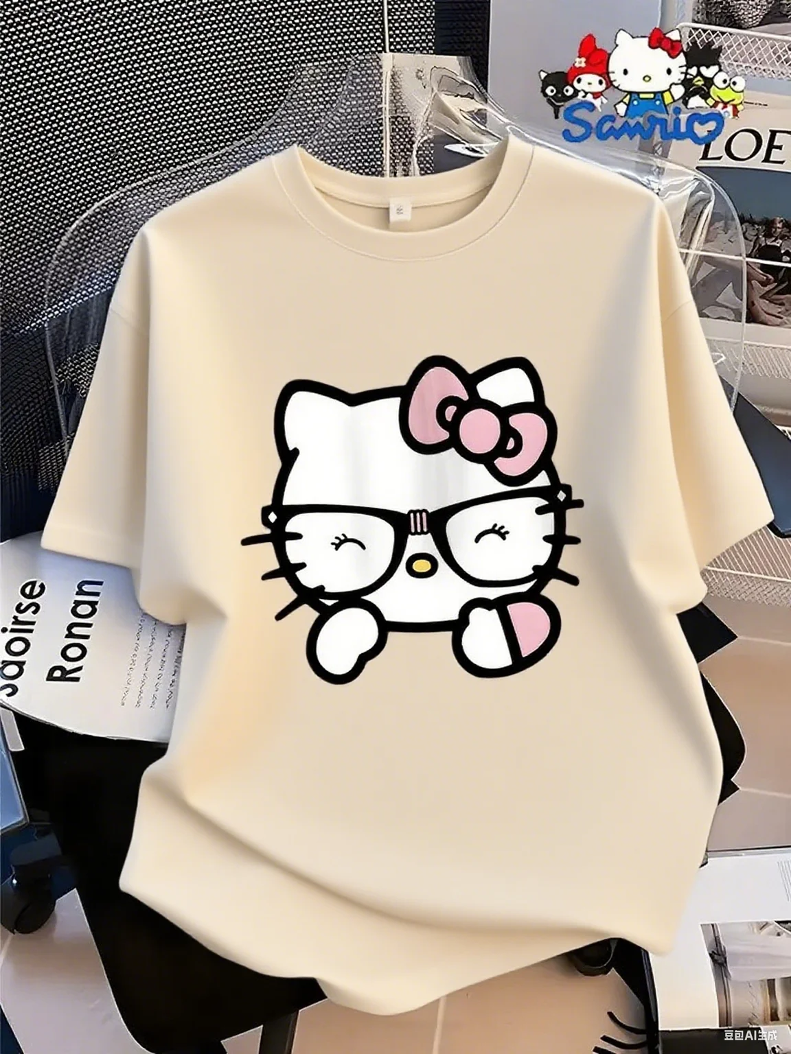

Sanrio Hello Kitty Glasses Print Cotton T Shirt Cute Cartoon Character with Pink Bow Streetwear Print New Arrival Tee S-4XL