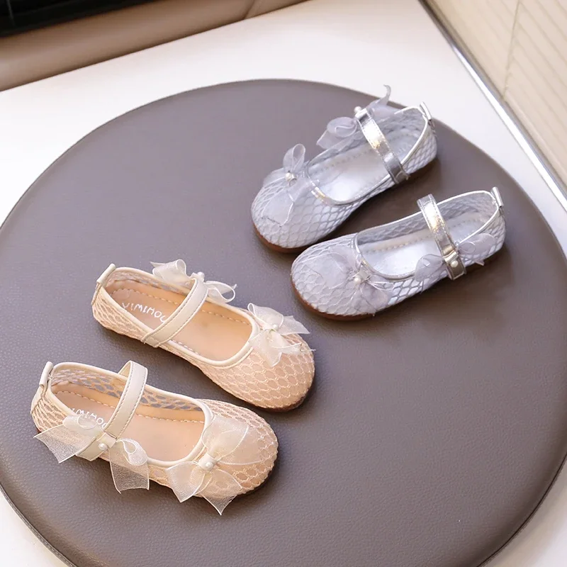 

Girls Casual Shoes Lace Bows Elegant Children Flat Shoes Mesh Breathable 2025 Summer New Kids Princess Shoes Round Toes Non-slip