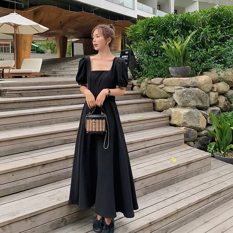 Women's Square Collar Pullover Dress 2024 Summer New Party Evening Dresses Female Slim Retro High Waist Bubble Sleeve Long Dress