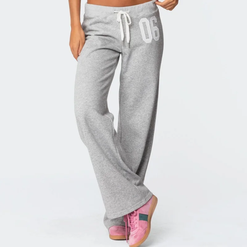 Frauen Kordelzug Low Rise Jogginghose Y2k Gerade Breite Bein Nummer Drucken Jogger Hosen Casual Lounge Track Hosen