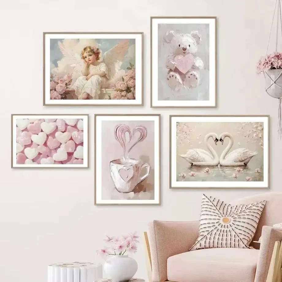 1pc Pink Girl Heart Retro Aesthetic Canvas Painting Little Bear Bow Love Butterfly Cupid Poster Home Room Decoration