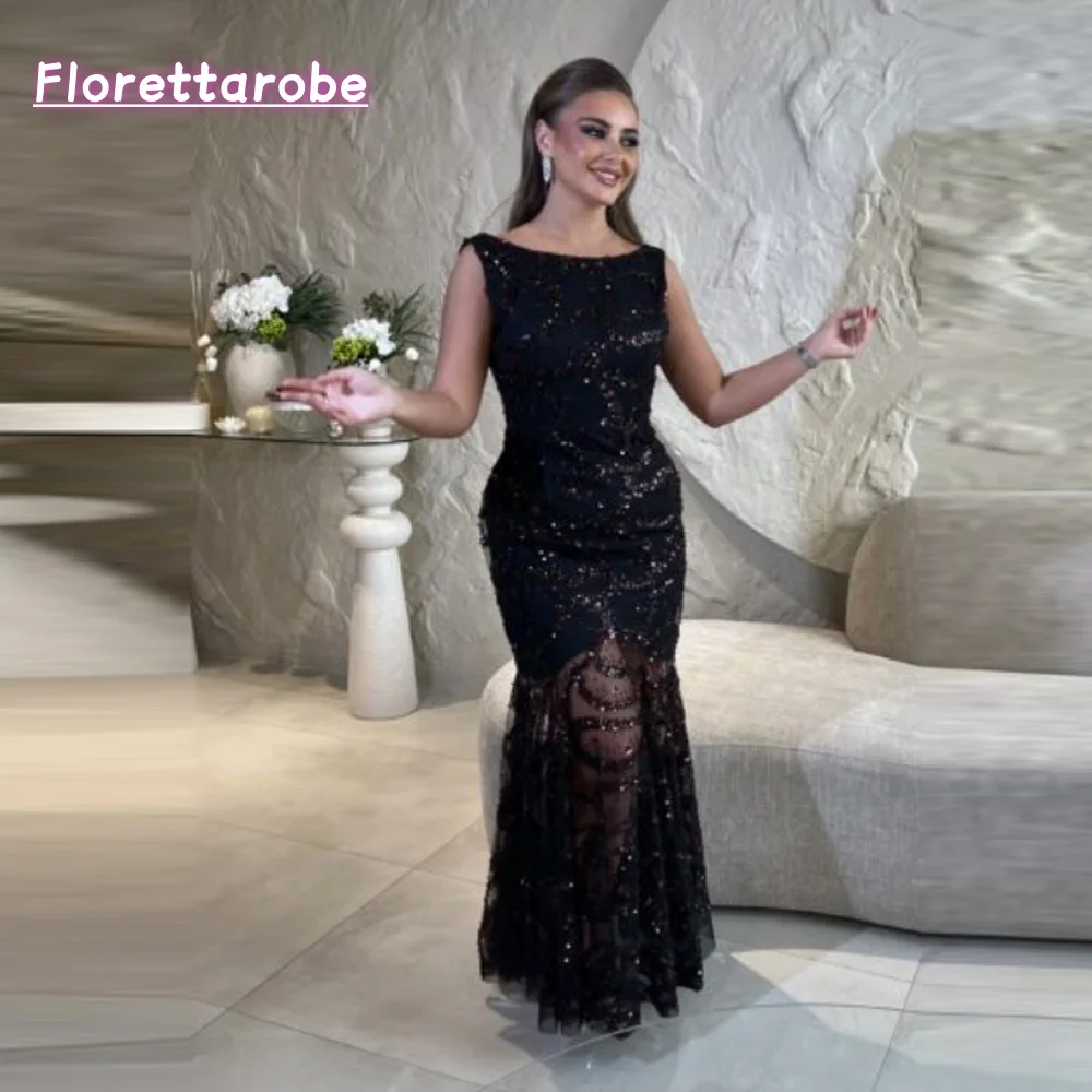 

Florettarobe Sexy Black Mermaid Evening Dresses Sleeveless See Through Lace Applique Sequined Beads O-Neck Prom Gowms Customized