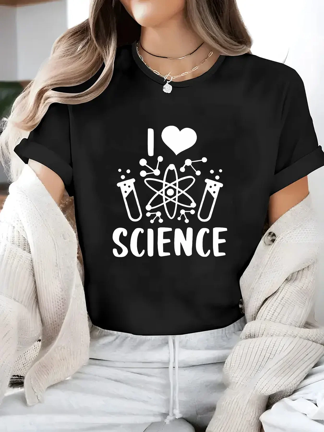 Manica girocollo da donna con stampa grafica scientifica con fiaschette da laboratorio dal design "I Love Science", tessuto elasticizzato traspirante per la corsa