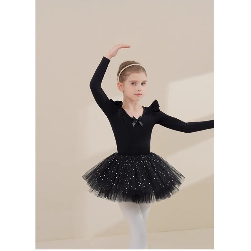 ملابس الأطفال فتاة ملابس الرقص القطن الأسود الفتيات ممارسة الملابس الخريف والشتاء طويلة الأكمام فستان الباليه للأطفال