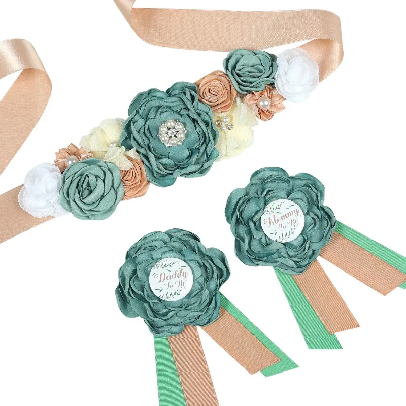 مجموعة حزام زخرفي للأمهات بتصميم زهرة خضراء ومجموعة شارة #5