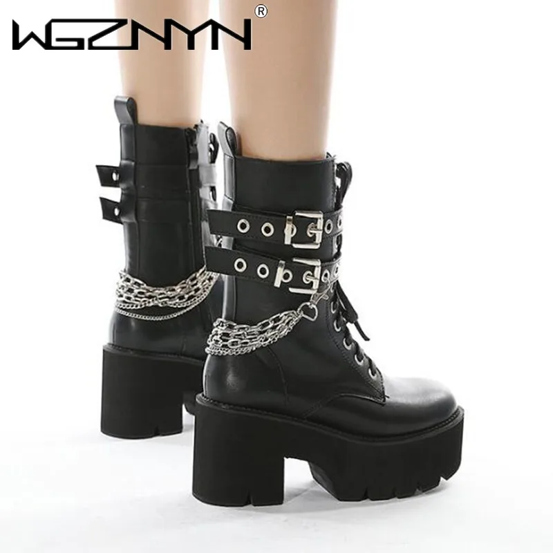 2024 Women Platform Shoes Black Gothic Buckle Leather Woman Creeper Punk Shoes Female Black Ankle Short Combat Boots for Women