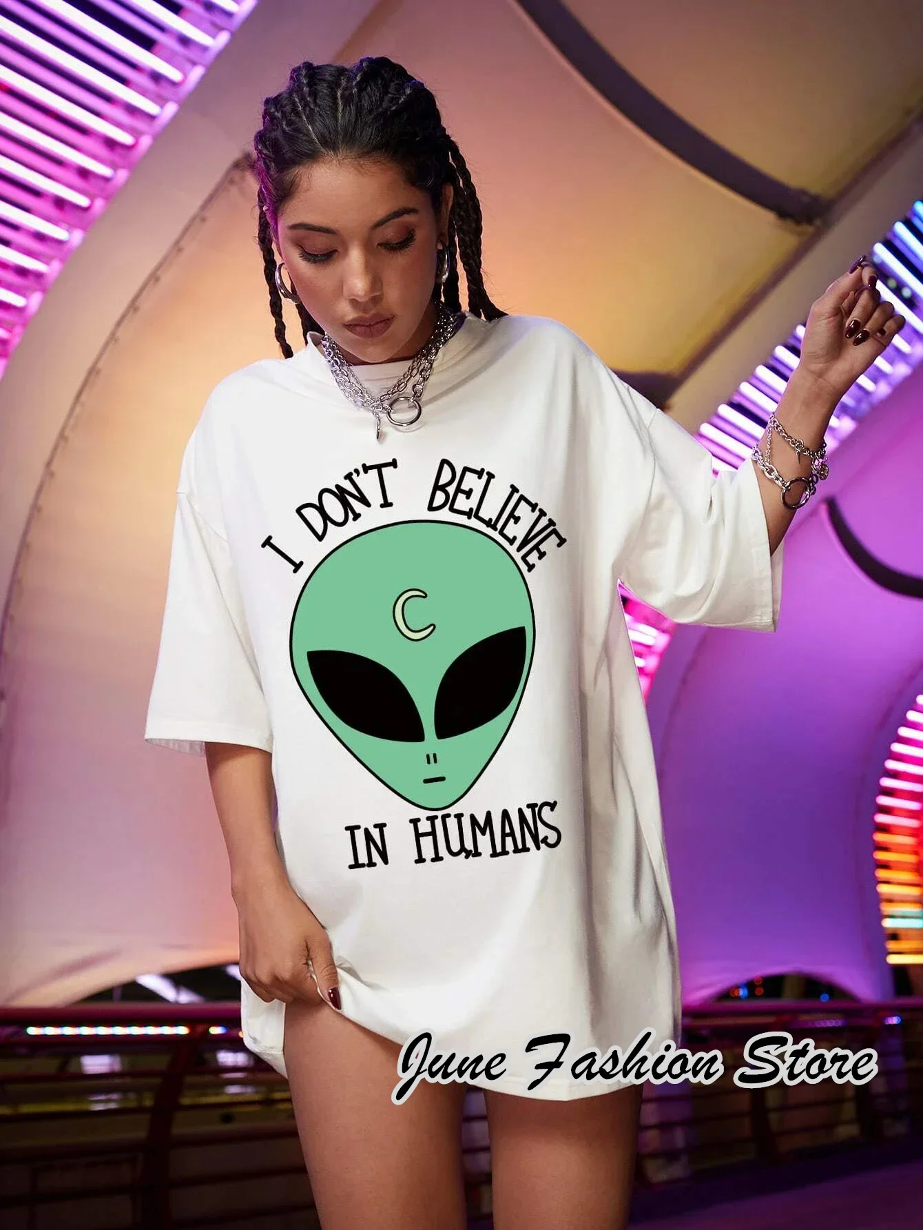 Summer Women Cotton Men T-Shirt Cartoon Alien Printing T-shirt Solid Color Tops Tees Harajuku Y2K Clothing Streetwear