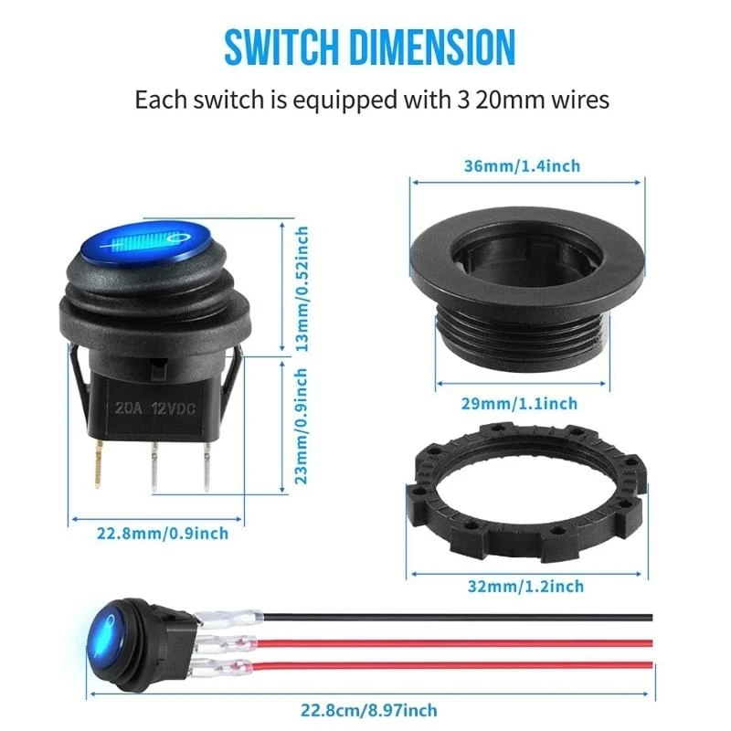 

5pcs 12V 20A Round Switches with LED Light Simple Installs for Circuit Control