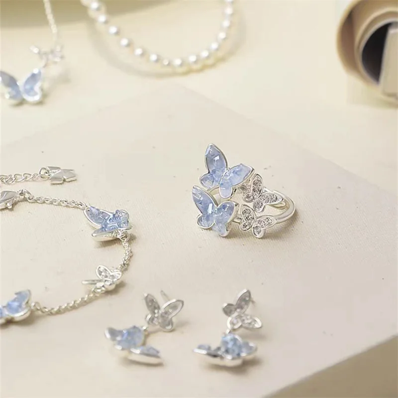 Fashion Silver Color Crystal Butterfly Jewelry Set Adjustable Bracelet Earrings Necklace Ring for Women Handmade New Year Gift