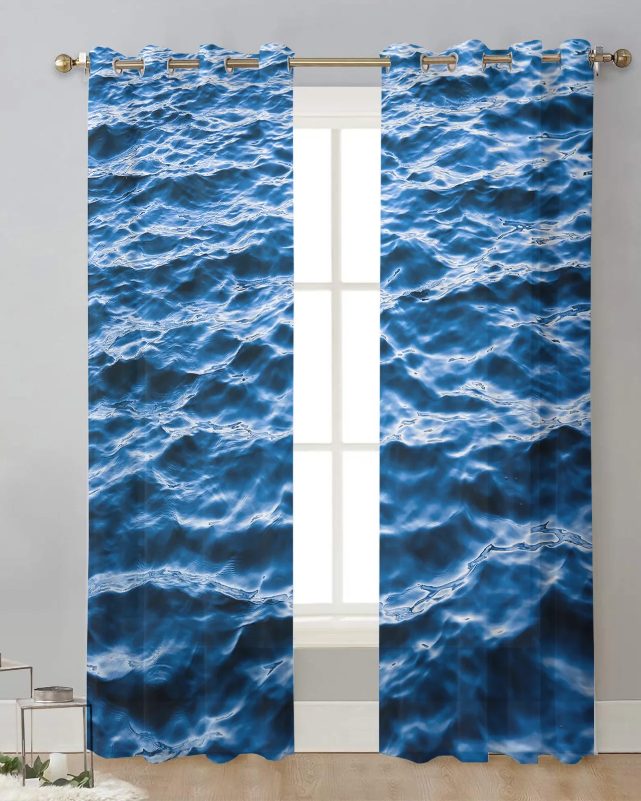 Blue Sea Water Wave Landscape Sheer Curtains for Living Room Window Transparent Voile Tulle Curtain Home Decor Drapes