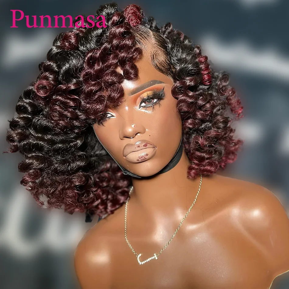 Punmasa Hair Brazilian 13x6 Lace Front Human Hair Wig Remy Highlight Dark Burgundy 13x4 Transparent Lace Front Wig Glueless 200%