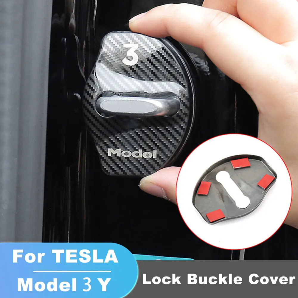 

For Tesla Model 3 Y Car Door Lock Buckle Cover Accessories Door Lock Carbon Fiber Metal Sticker Automobile Decoration