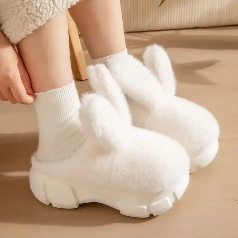 

8 cm High platform fur slippers women's winter fluffy ear home shoes woman white bunny rabbit slippers woman house clog shoes