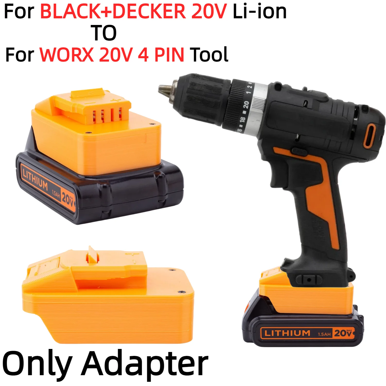 Battery Adapter for BLACK+DECKER 20V Lithium Ion Converter TO WORX 20V 4 PIN Cordless Drilling Tools Accessory(Only Adapter)
