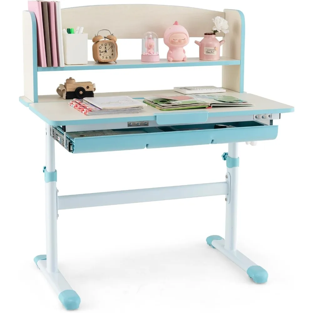 Kids Desk, Height Adjustable Children Study Desk with Tilt Desktop, Storage Drawer, Hutch, Scale Ruler, Student Writing Table