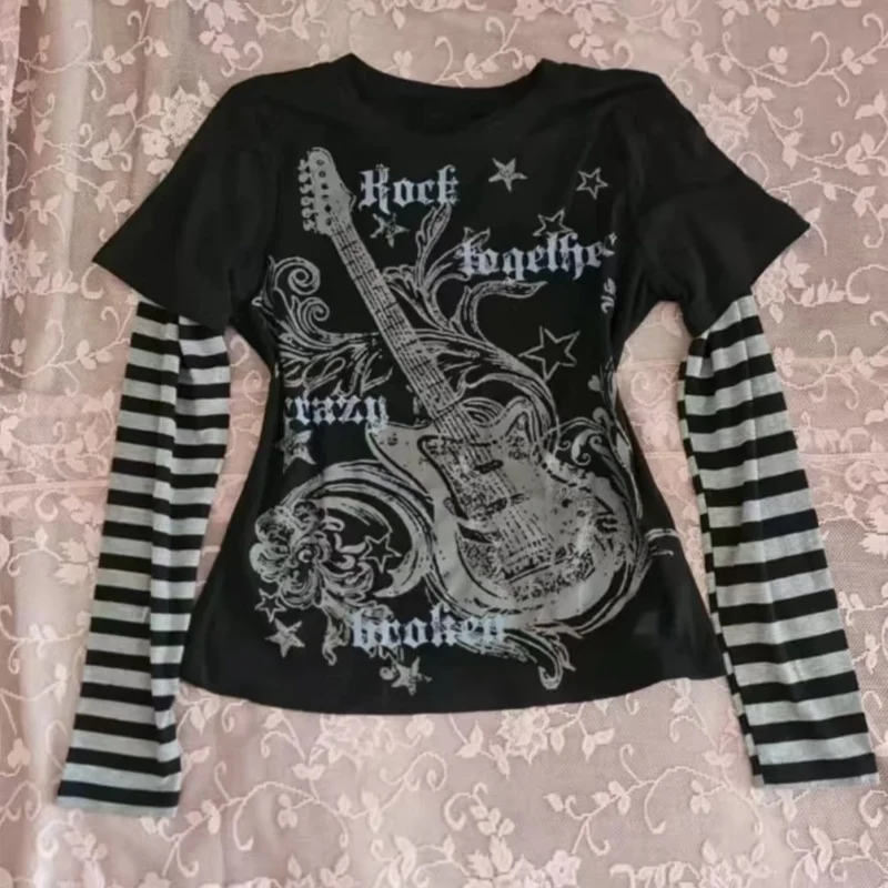 الأمريكية ثقافة فرعية الشرير تي شيرت مطبوع Harajuku مخطط المرقعة بلايز ريترو Y2K القوطية المحملة الهيب هوب هوتي وهمية قطعتين #4